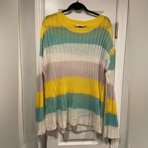 Adora Size M Blue Stripe Oversized Open Knit Scoop Neck Sweater Lightweight